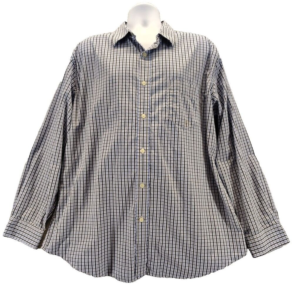 Croft & Barrow Men Sz XL Button Up Shirt Easy Care Navy Blue Light Blue Plaid